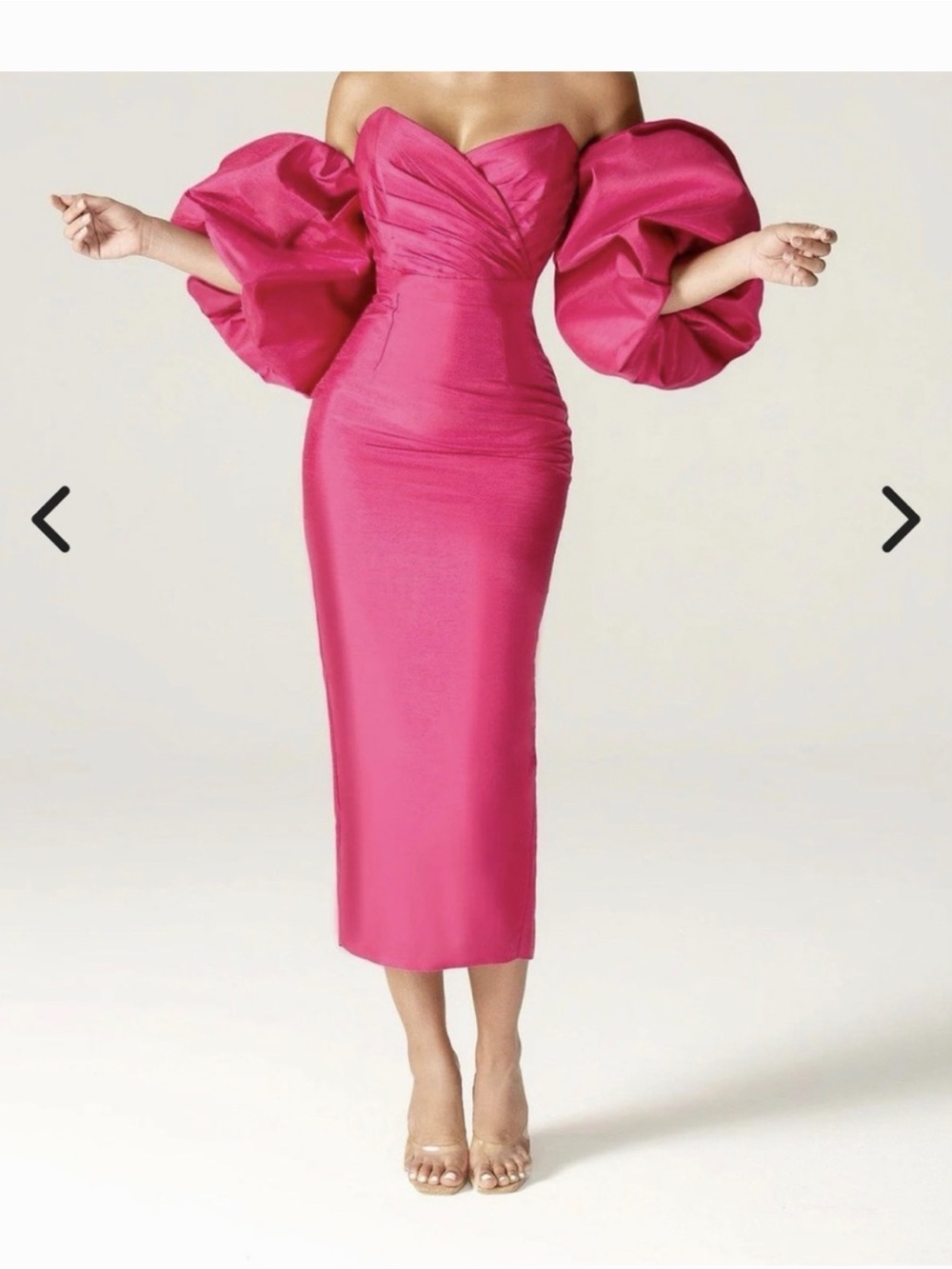 Eliya the label Tiffany Dupioni Hot Pink Midi Dress with Statement Puff Sleeves